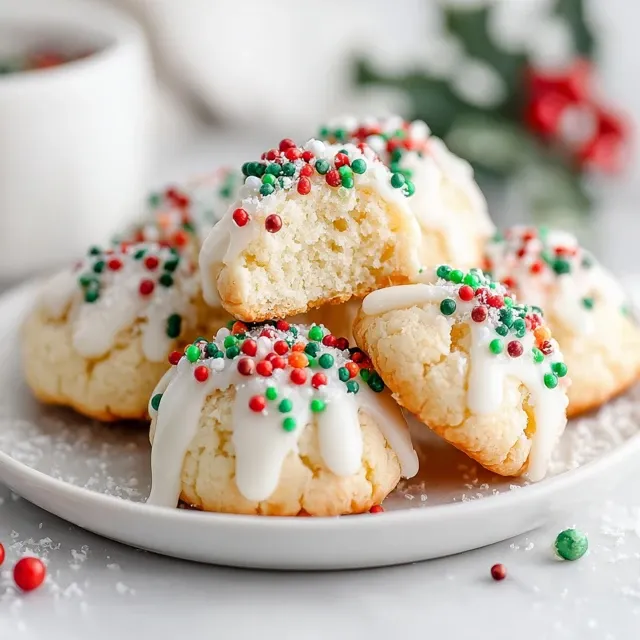 Italian Christmas Cookies topped with white glaze and festive red, green, and white sprinkles on a white plate.