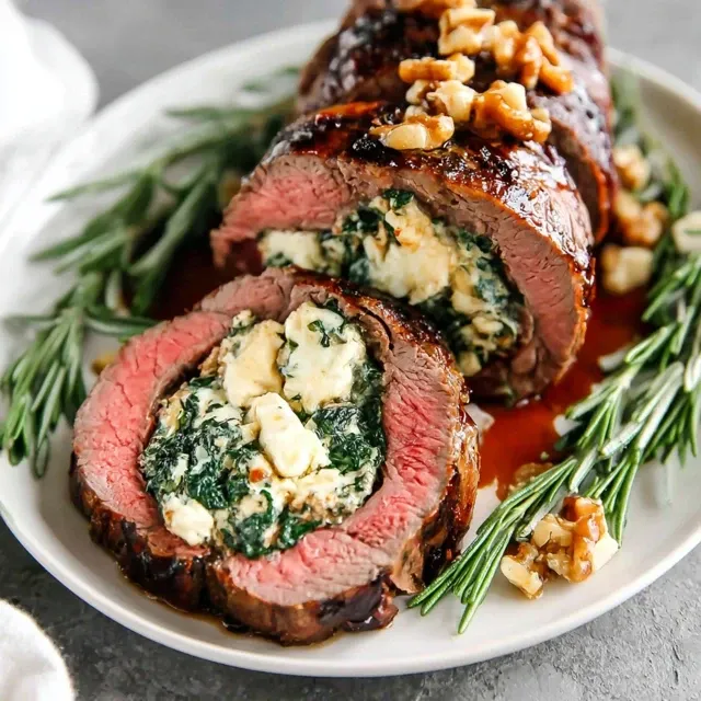 Stuffed beef tenderloin for Christmas dinner with herb filling, walnuts, and rosemary garnish.