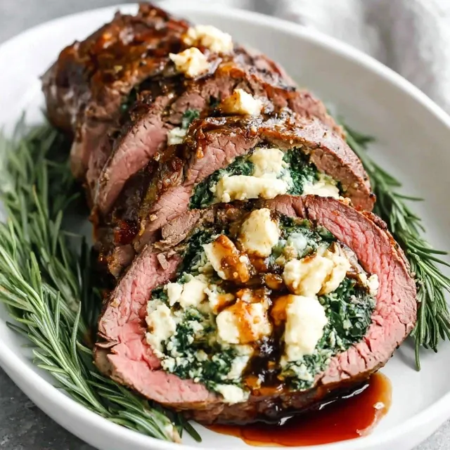 Christmas stuffed beef tenderloin sliced into pinwheels with herb stuffing and rich pan sauce