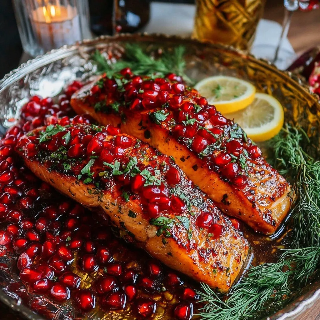 Baked salmon fillets with pomegranate glaze and seeds served on a silver platter for Christmas dinner.