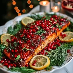Christmas salmon with pomegranate glaze topped with pomegranate seeds, fresh dill, and lemon slices on a festive holiday platter.