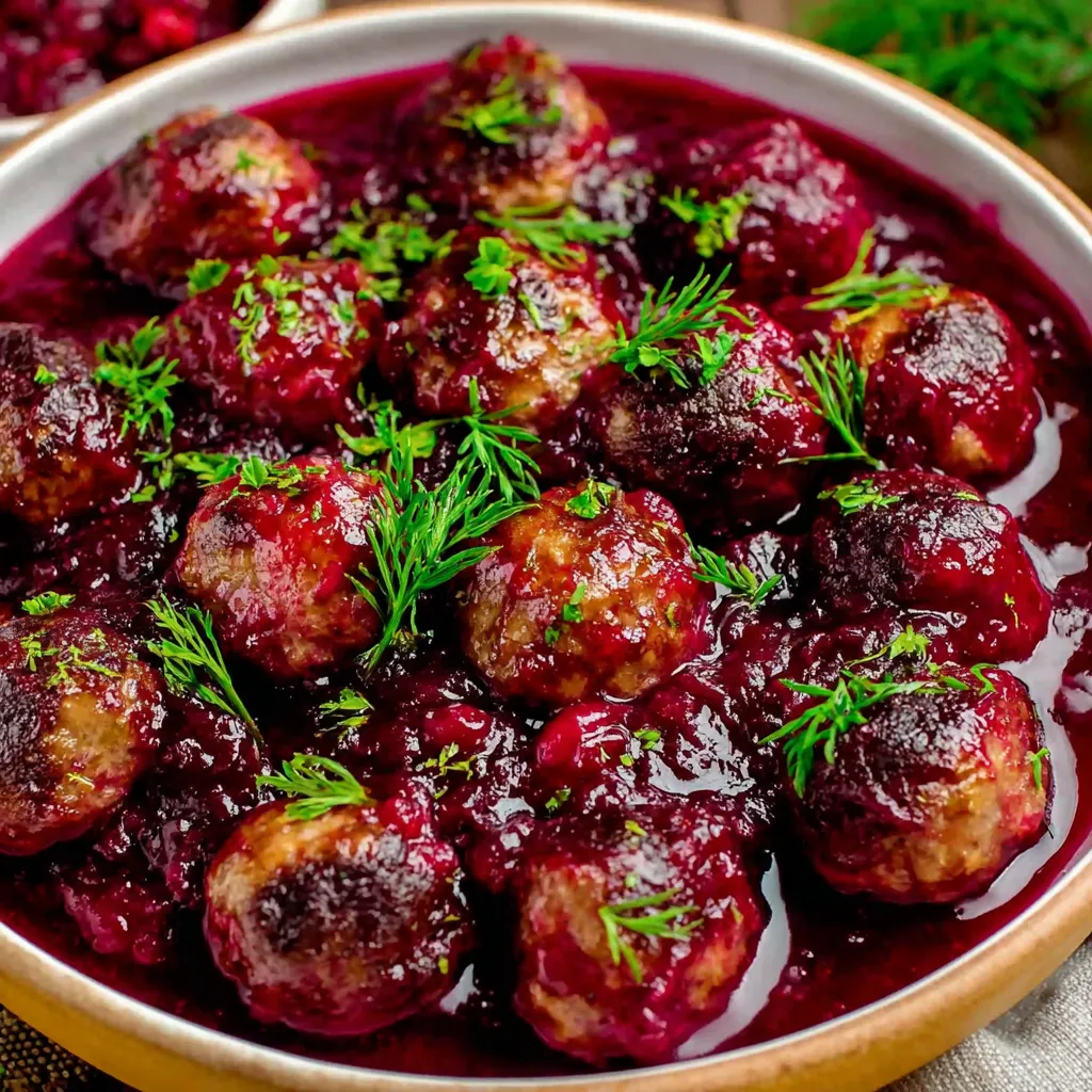 Easy Christmas cranberry meatballs served in a bowl with festive cranberry sauce.