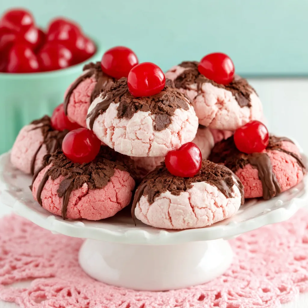Cherry Blossom Cookies topped with chocolate and maraschino cherries, soft pink holiday cookies perfect for Christmas and Valentine’s Day.