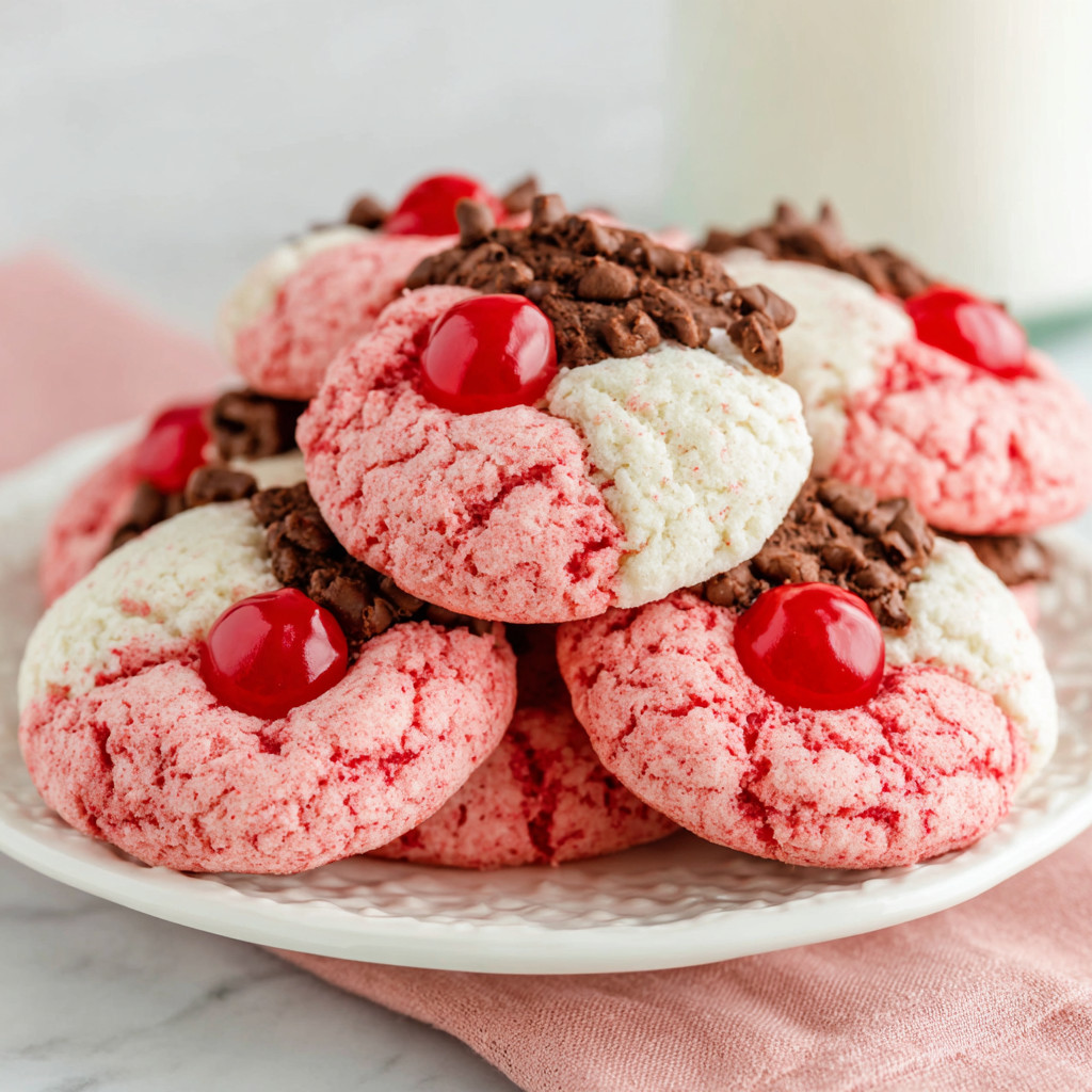 Soft Cherry Blossom Cookies with chocolate topping and maraschino cherries, pink cherry cookies for festive baking.