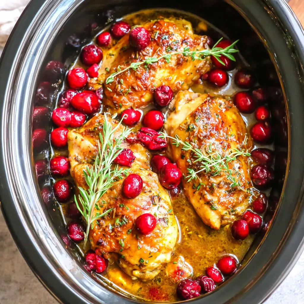 Slow cooker cranberry apricot chicken thighs simmering in a rich sweet-savory sauce with fresh cranberries.