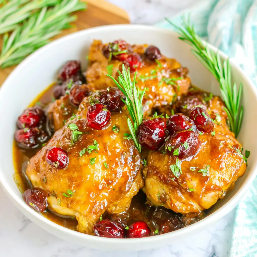 Tender crockpot cranberry apricot chicken coated in apricot-cranberry sauce and garnished with herbs.