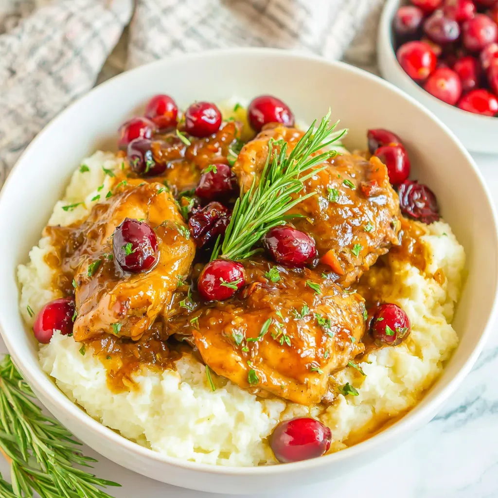 Crockpot Cranberry Apricot Chicken served over creamy mashed potatoes with fresh cranberries and rosemary.