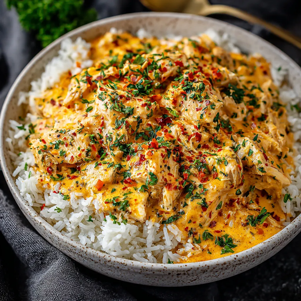Creamy Ranch Chicken Crock Pot served over white rice with shredded chicken and creamy ranch sauce.