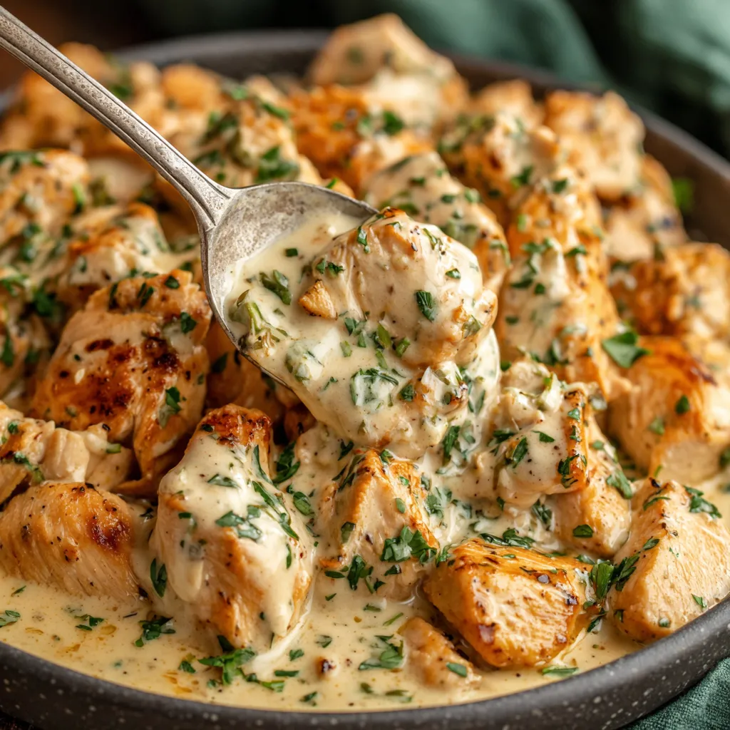 Creamy Ranch Chicken Crock Pot being lifted with a spoon, showing juicy shredded chicken in creamy ranch sauce.