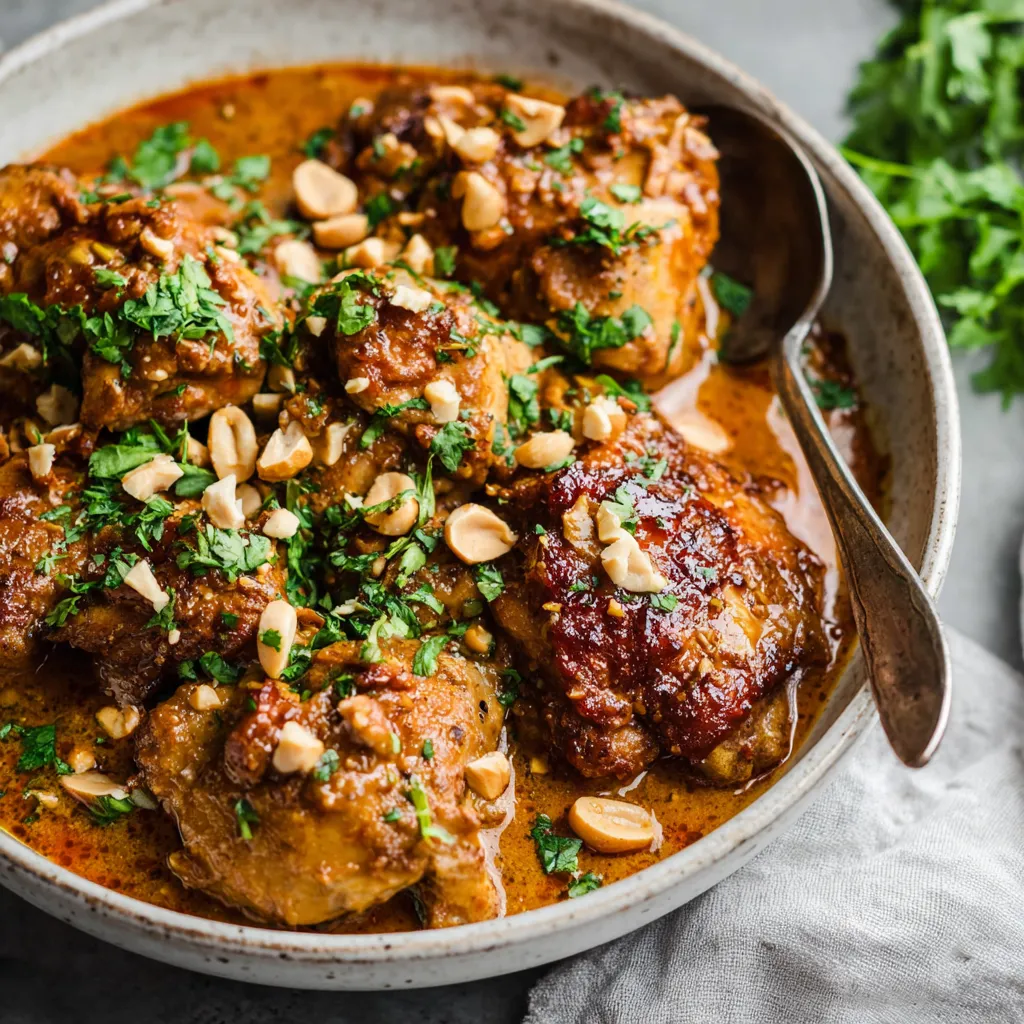 Slow Cooker Peanut Chicken in a bowl with creamy peanut sauce, fresh cilantro and chopped peanuts.