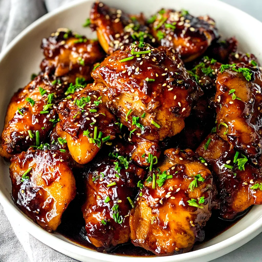 Sticky Honey Garlic Chicken Crockpot recipe served in a bowl with sesame seeds and green onions on top — slow cooker honey garlic chicken.
