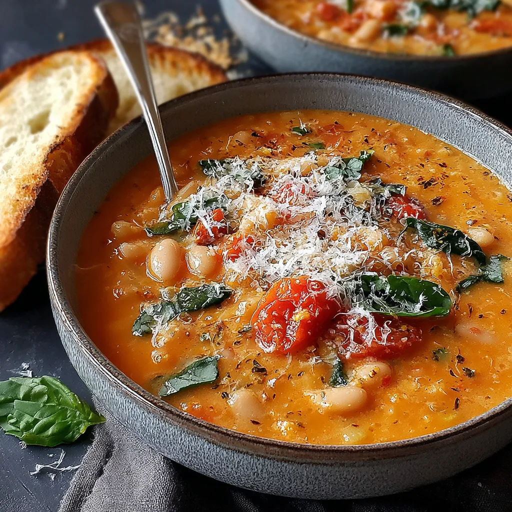 Creamy Parmesan Tomato Cannellini Bean Soup with white beans, spinach, and grated Parmesan in a gray bowl.