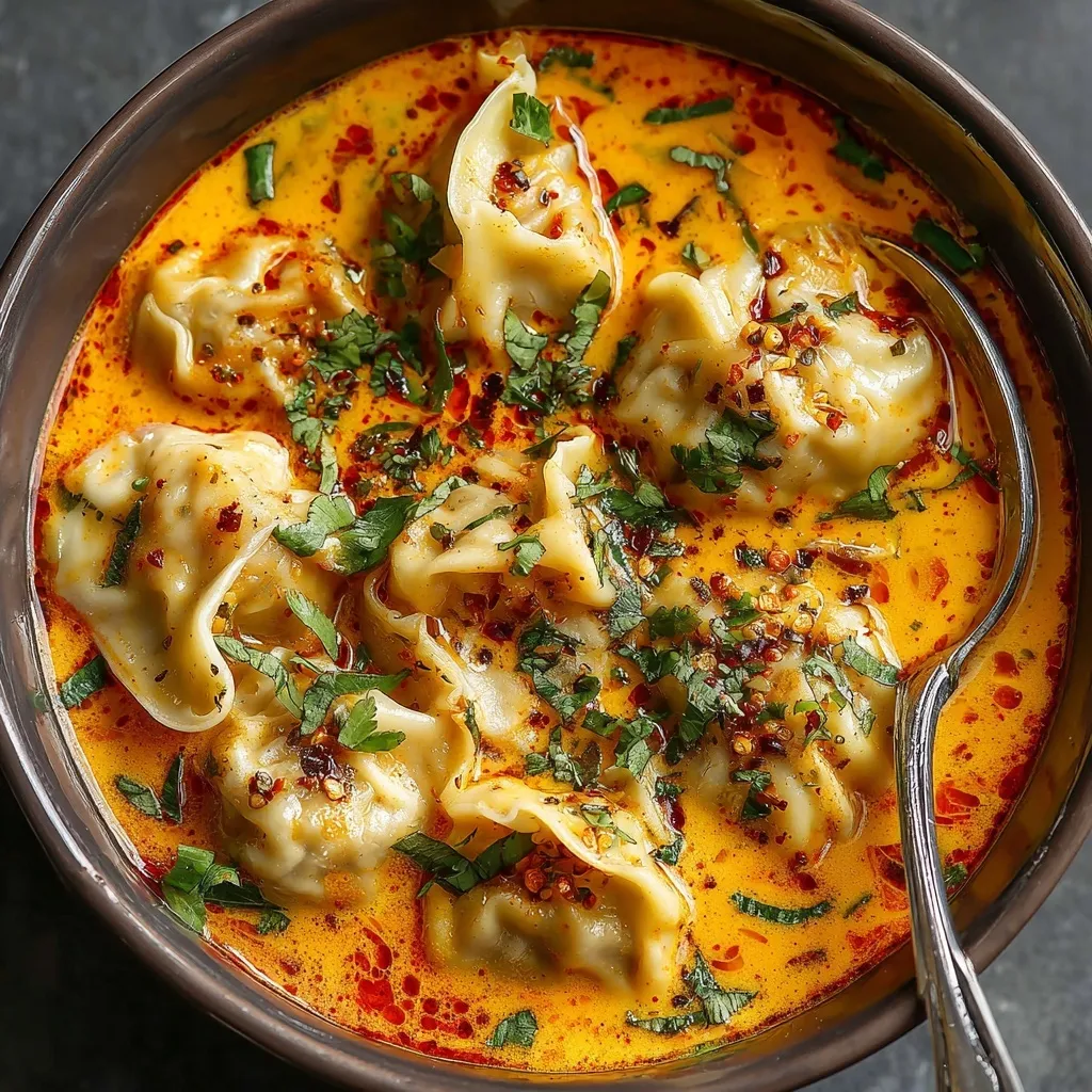 Creamy Coconut Curry Dumpling Soup topped with chili oil, fresh herbs, and tender vegan dumplings in a bowl.