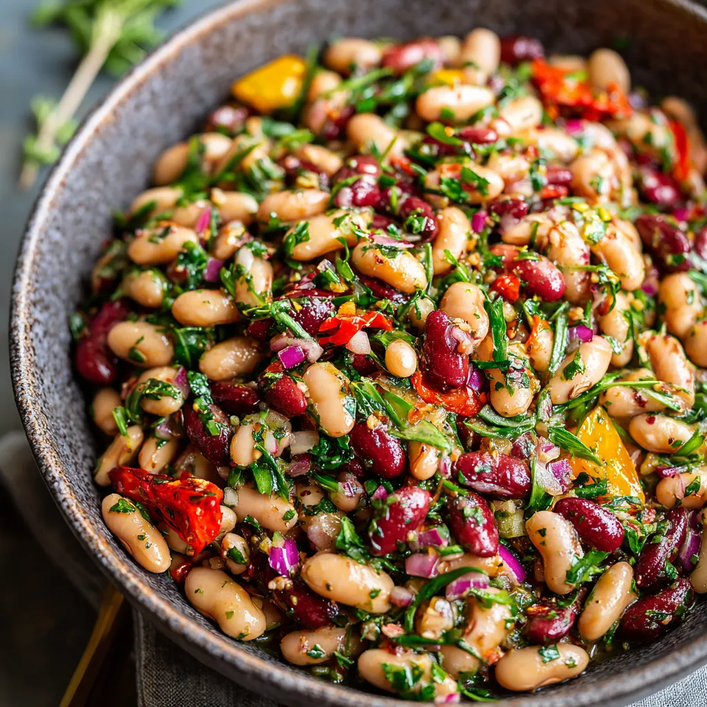 Amazing Dense Bean Salad with mixed beans, fresh herbs, red onion, and colorful vegetables in a gray bowl.