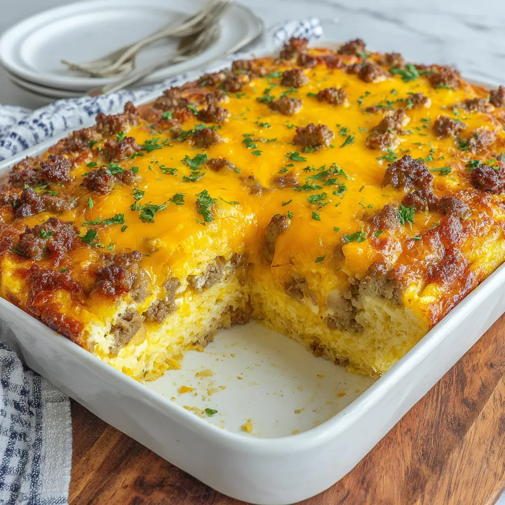 Easy overnight sausage and hashbrown breakfast casserole perfect for make ahead breakfast or brunch.