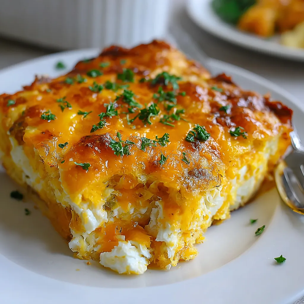 slice of overnight cheesy sausage and hashbrown breakfast casserole.