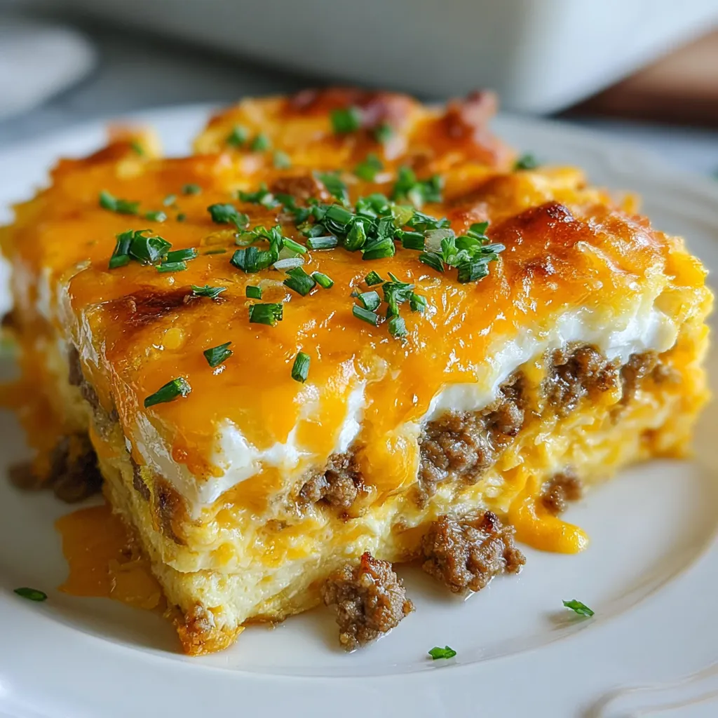overnight cheesy breakfast casserole with sausage hash browns and melted cheddar.