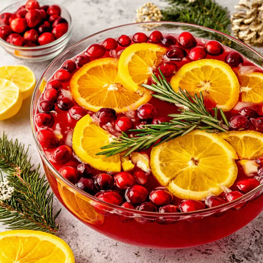 Christmas Punch with cranberries, orange slices, and rosemary served in a clear glass punch bowl.
