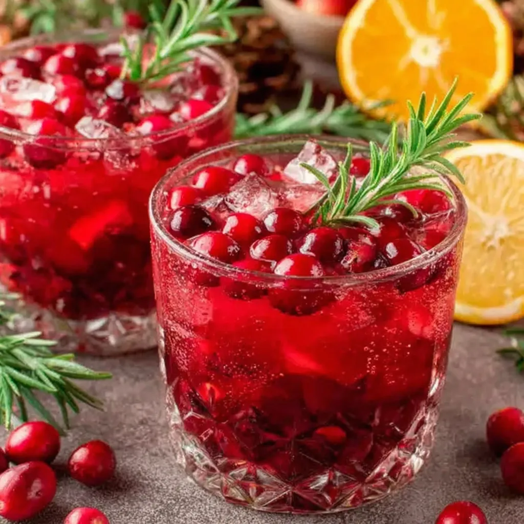 Christmas Punch drink with cranberries, ice, and fresh rosemary served in festive glasses.