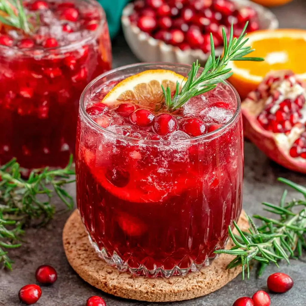 Christmas Punch made with cranberry juice, orange slices, and pomegranate seeds over ice.