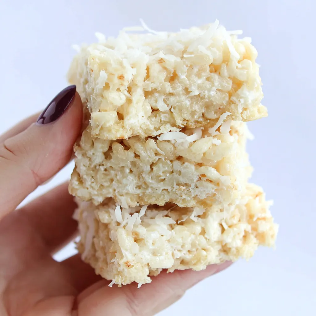 Hand holding Coconut Lover's Rice Krispy Treats, gooey marshmallow coconut cereal bars.