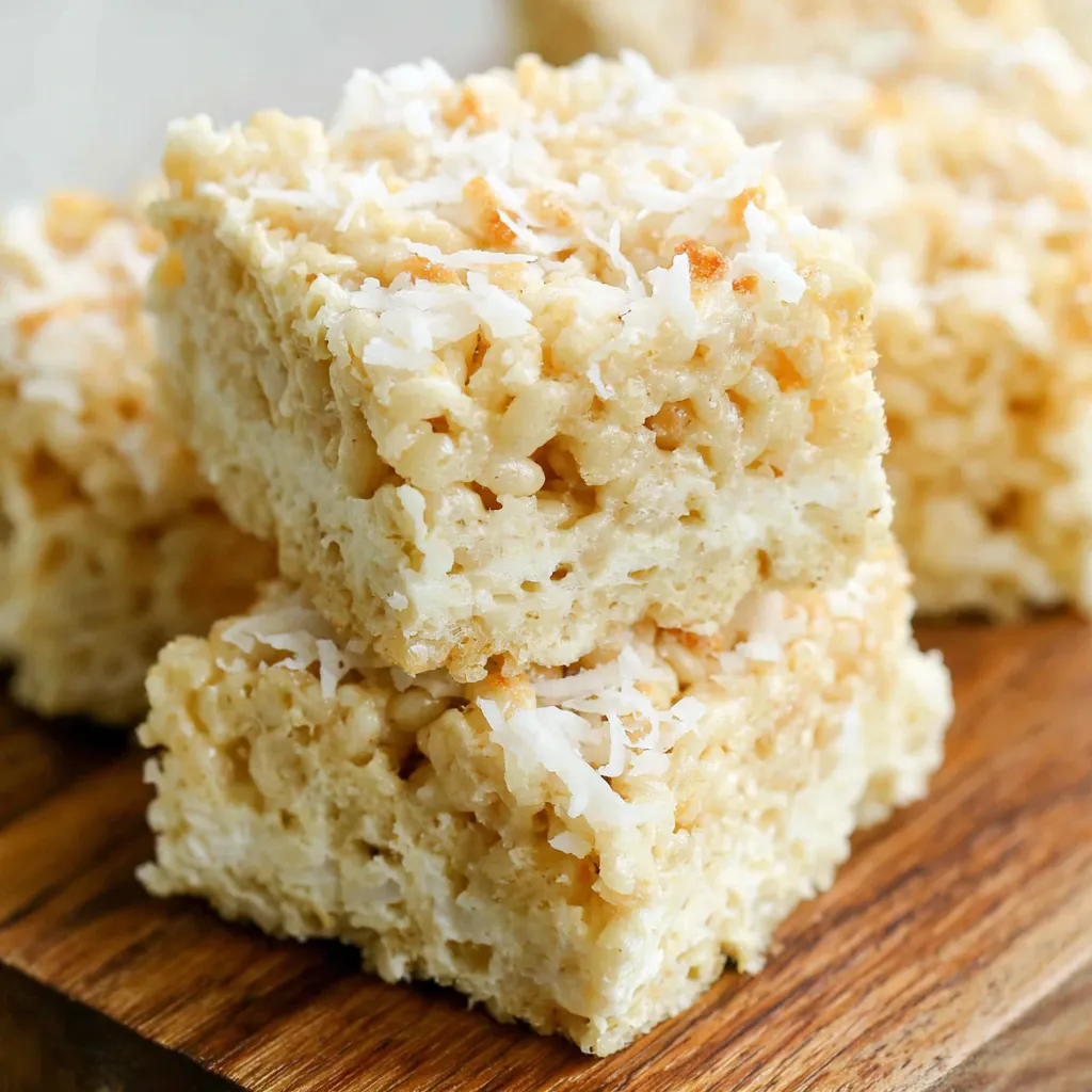 Coconut Lover’s Rice Krispy Treats stacked on a wooden board, soft and chewy coconut marshmallow squares.
