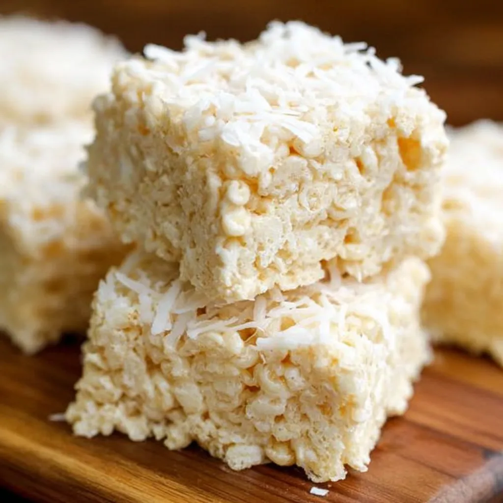 Chewy coconut rice krispy treats with shredded coconut, thick marshmallow cereal squares.