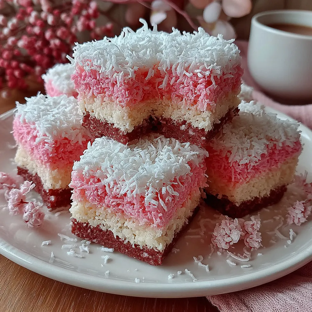 Pink Coconut Snowball Cake Bars with chocolate base, creamy coconut layer, and pink coconut topping