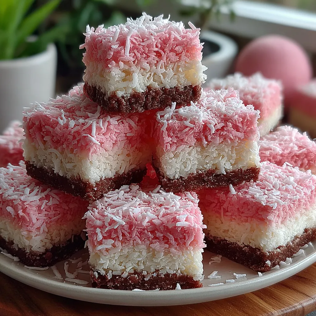 Pink Coconut Snowball Cake Bars stacked on a plate with chocolate base and pink coconut topping