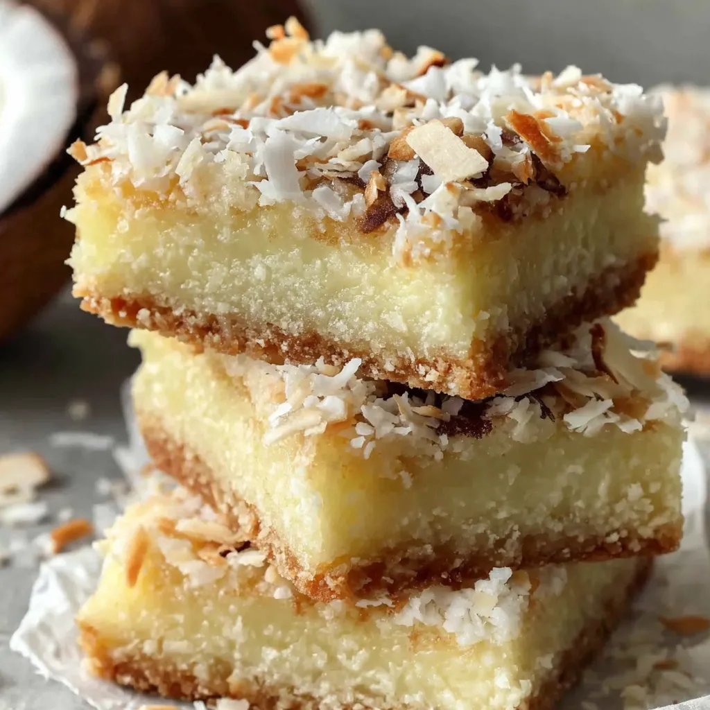 Easy coconut bars with soft coconut filling and golden buttery crust, topped with shredded coconut
