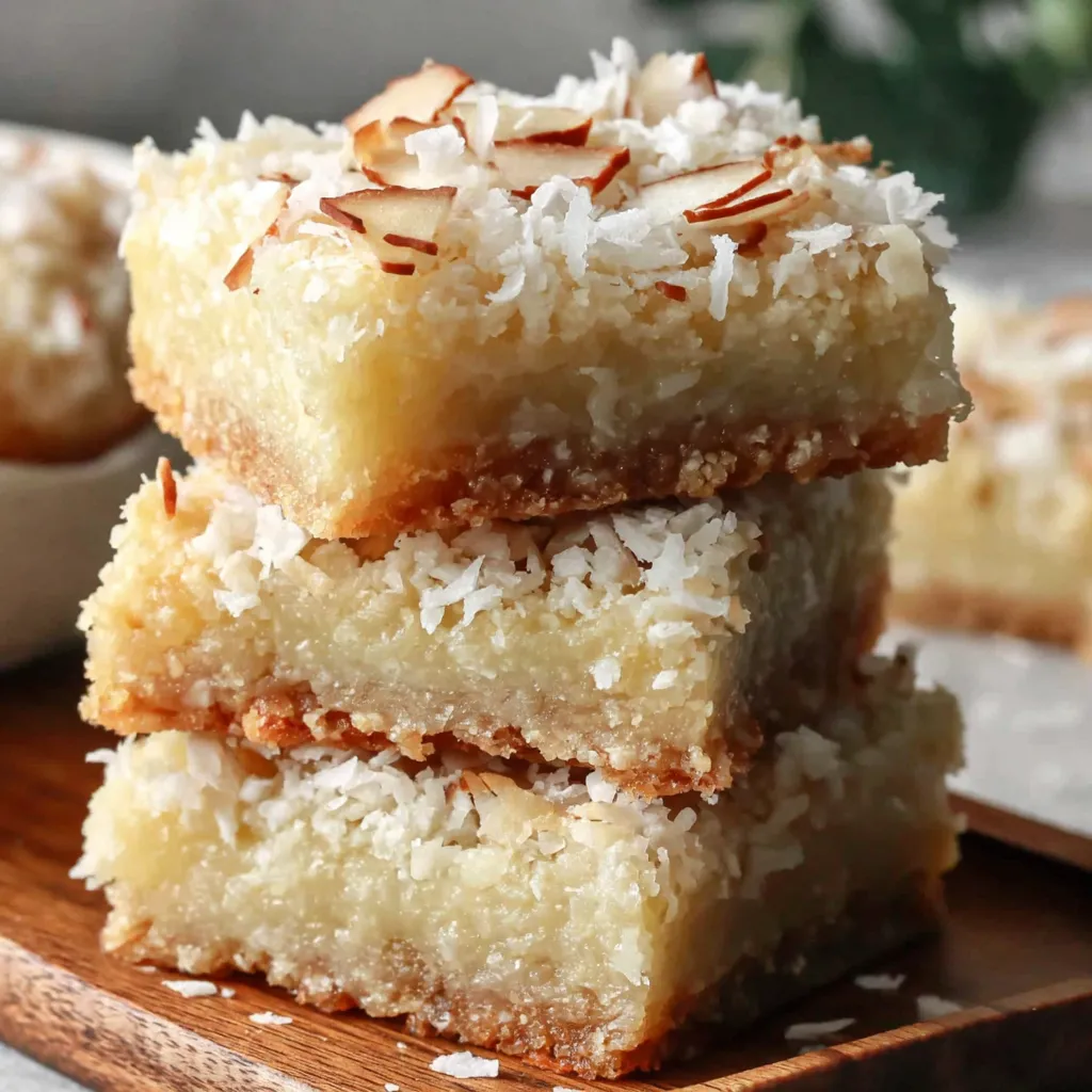 Coconut bars with buttery shortbread crust and chewy coconut topping, stacked and sprinkled with toasted coconut