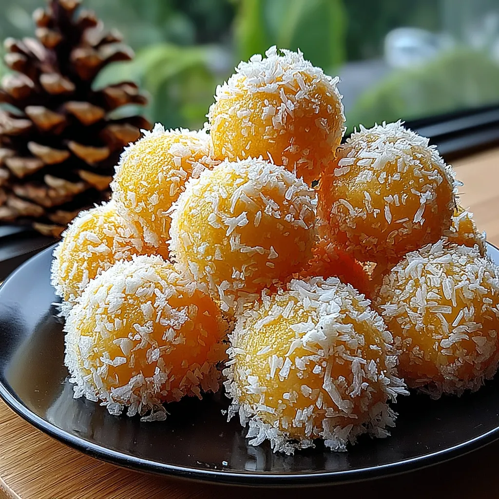 Pineapple Christmas Balls coated in shredded coconut on a plate, festive no-bake holiday dessert.