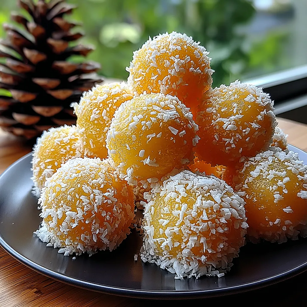 Homemade Pineapple Christmas Balls rolled in coconut, easy festive holiday treat.