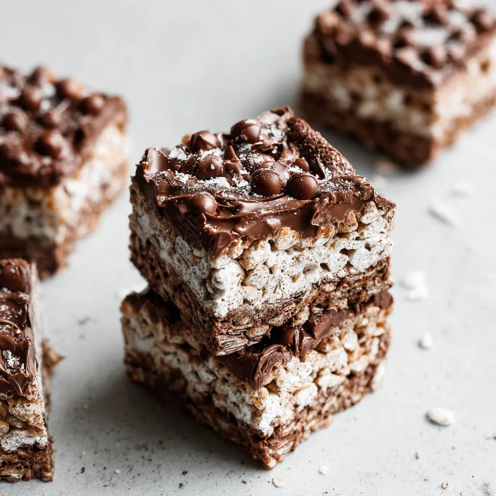 Chocolate peanut butter Muddy Buddy Rice Krispies bars, easy no-bake dessert with crispy rice cereal