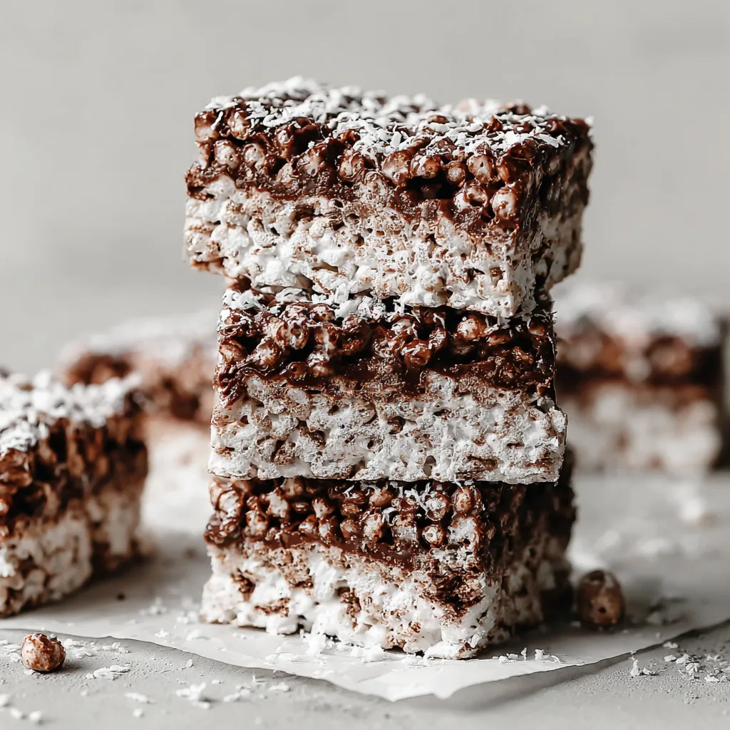 Muddy Buddy Rice Krispies squares with chocolate and peanut butter, no-bake dessert stacked and dusted with powdered sugar.