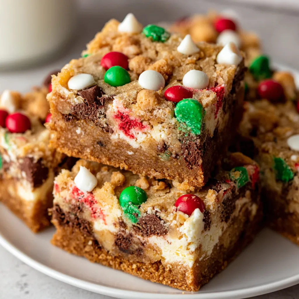 Christmas cookie bars loaded with chocolate chips, festive red and green sprinkles, and white chocolate chips, stacked on a plate.