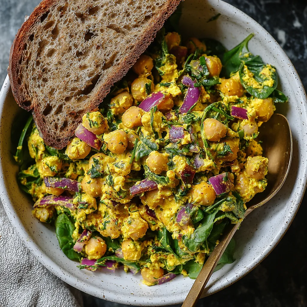 Curried chickpea salad served in a light bowl with bread, red onion, and fresh greens.