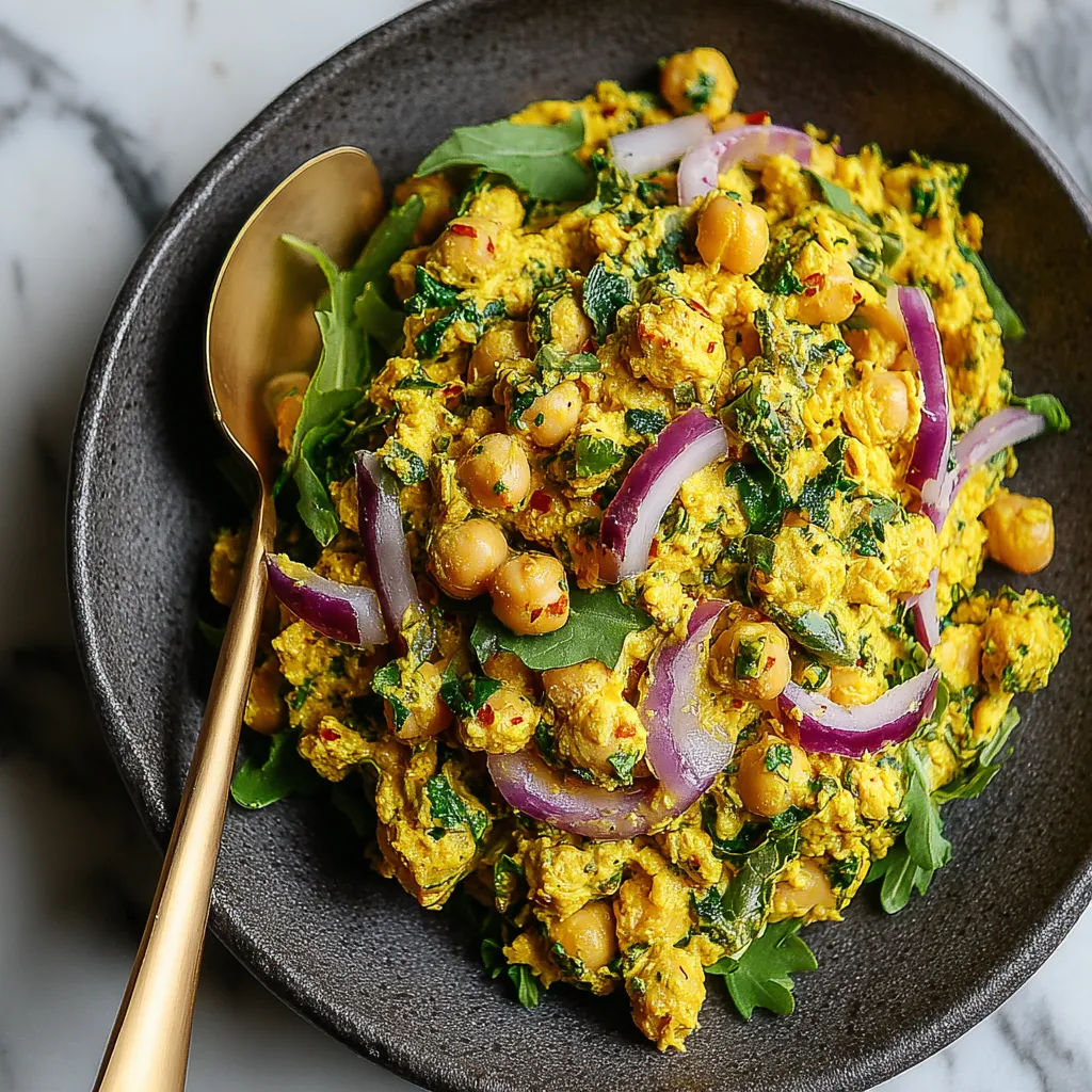 Creamy curried chickpea salad with red onion, fresh herbs, and spinach in a dark bowl