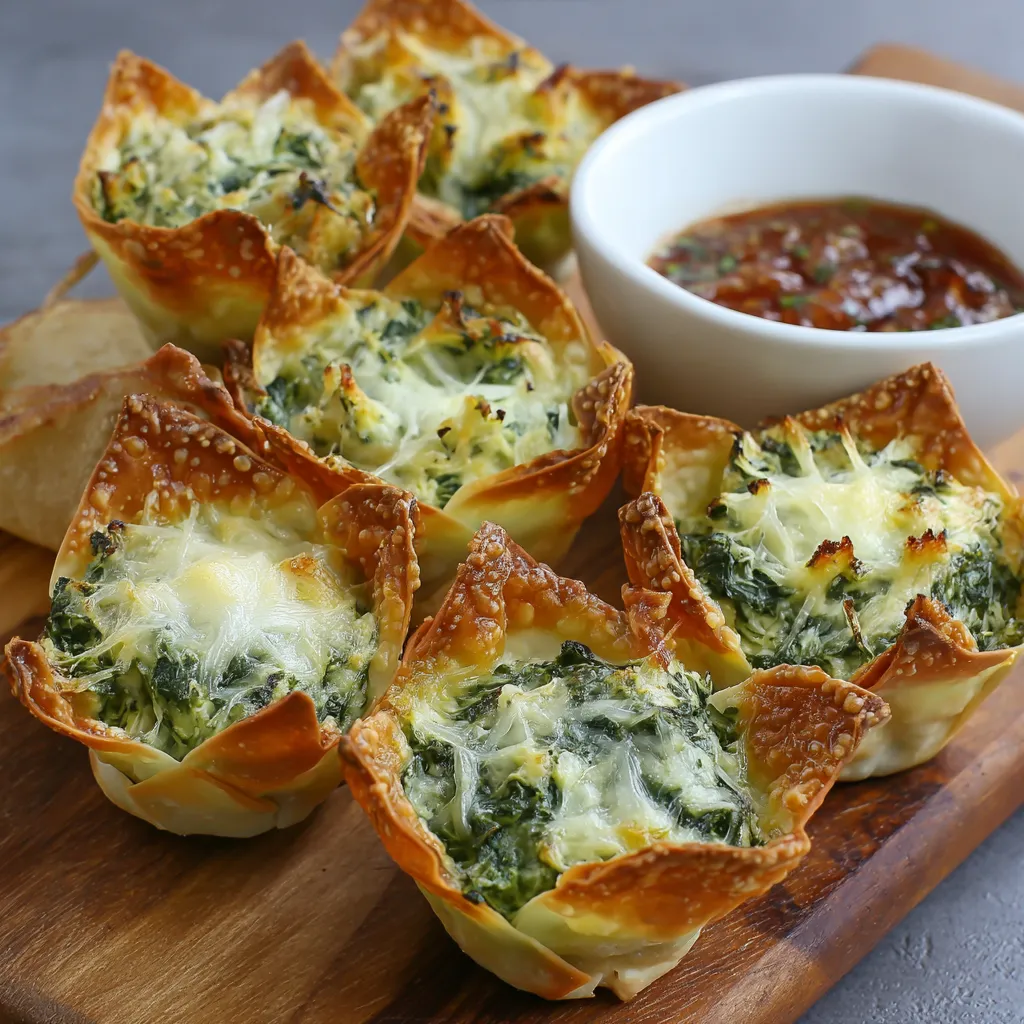 Spinach Artichoke Dip Wonton Cups baked until golden and crispy, filled with creamy spinach artichoke dip and served with dipping sauce