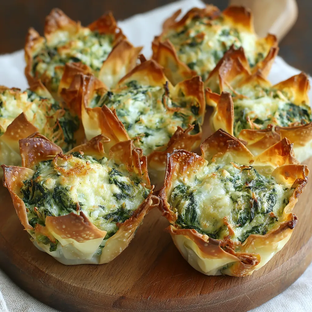 Homemade Spinach Artichoke Dip Wonton Cups with crispy edges and creamy cheesy spinach filling