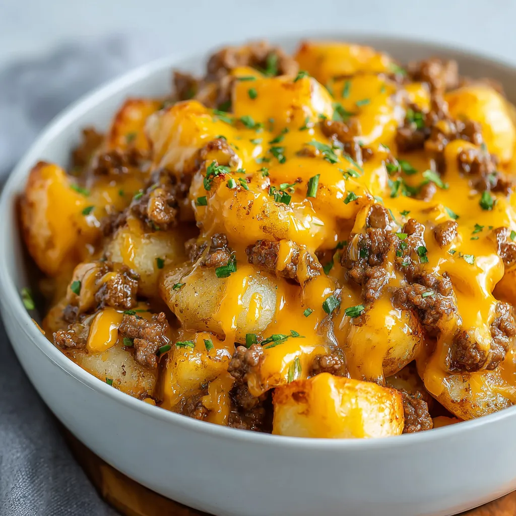 Cheesy Crockpot Hamburger Potato Casserole made with ground beef, sliced potatoes, and melted cheddar cheese for an easy slow cooker dinner.