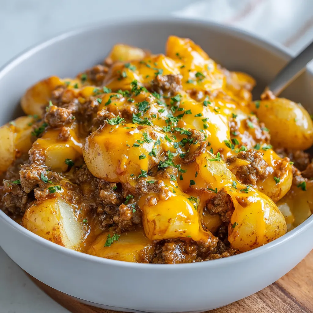 Crockpot Hamburger Potato Casserole with tender potatoes, ground beef, melted cheddar cheese, and creamy sauce served in a bowl