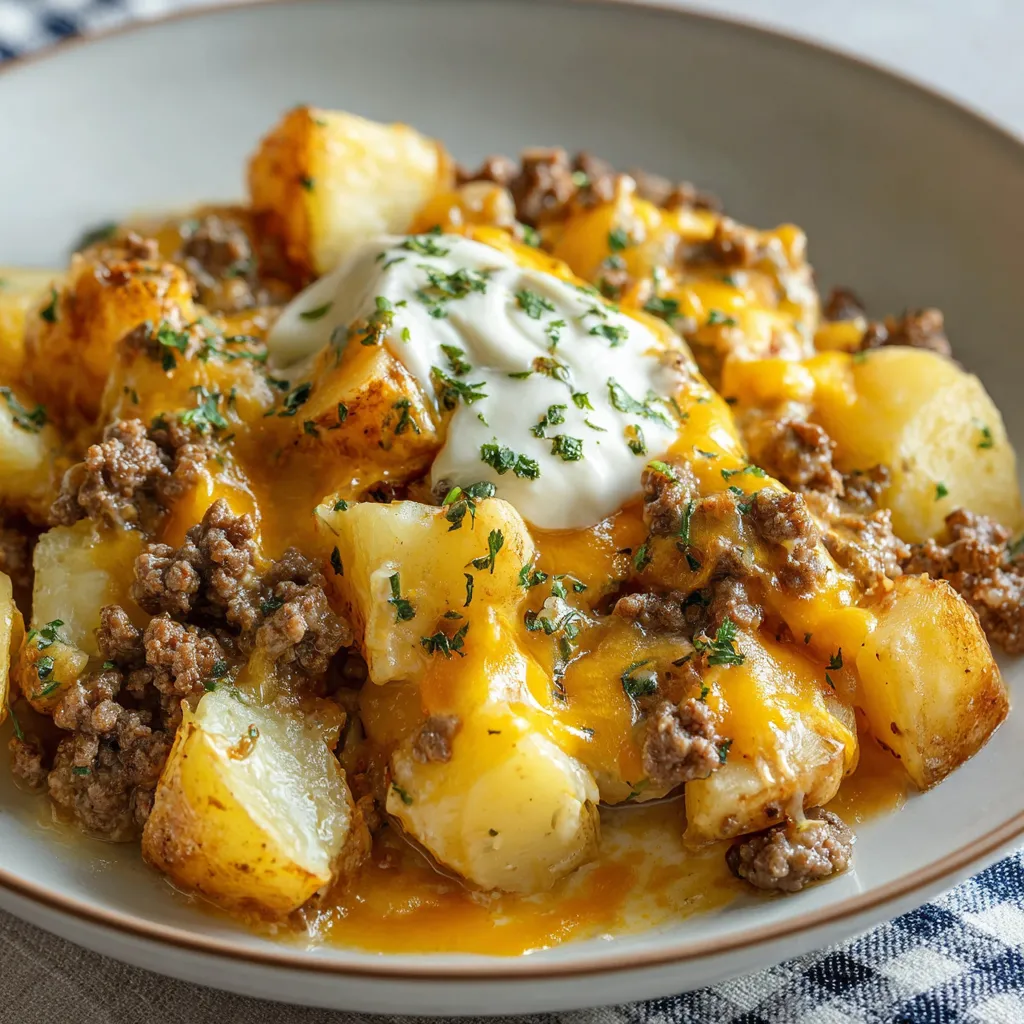 Slow cooker hamburger potato casserole with seasoned ground beef, soft potatoes, and gooey cheddar cheese baked until golden.