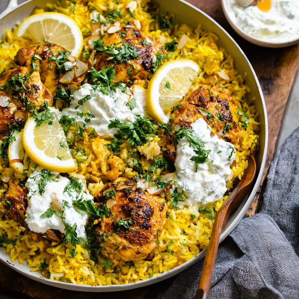 Dump-and-bake chicken tzatziki and rice with golden spiced chicken, lemon slices, fluffy yellow rice, and creamy tzatziki sauce.