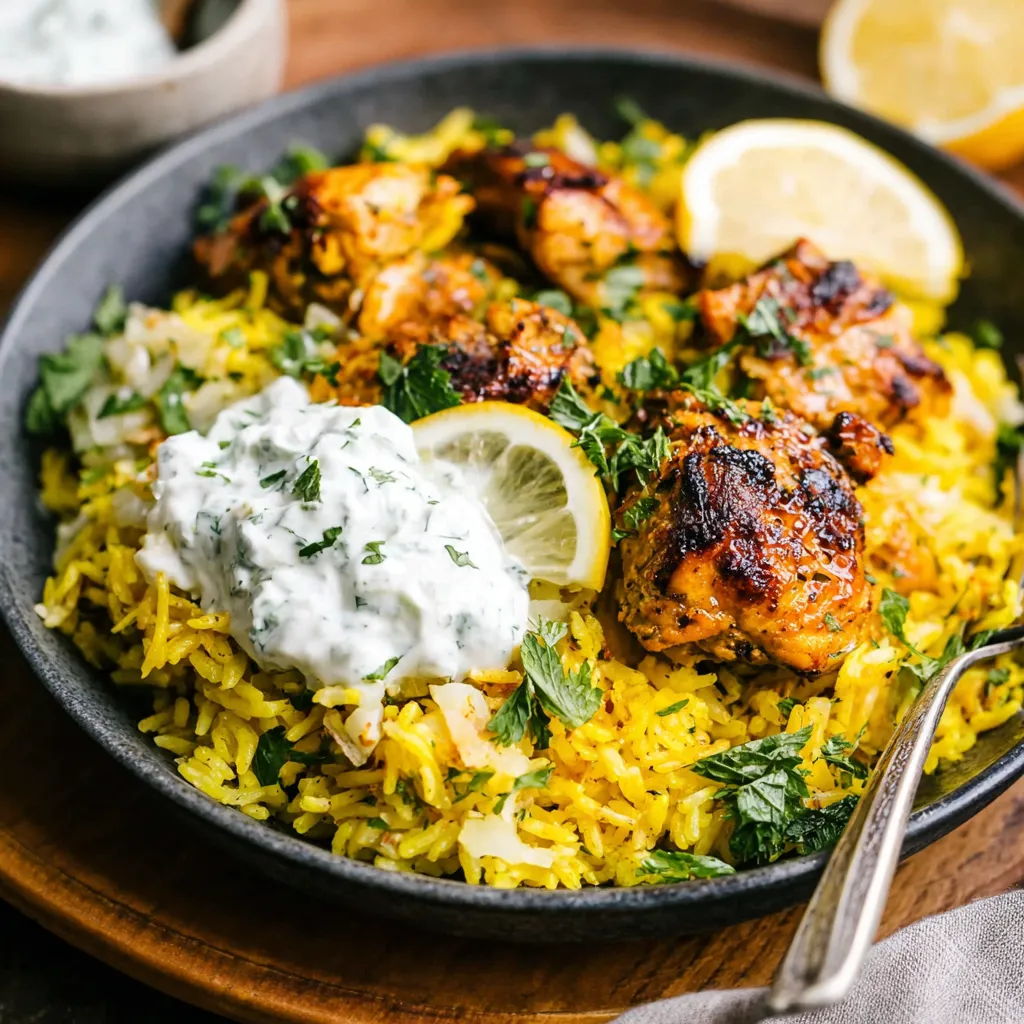 Easy chicken tzatziki and rice baked together with tender chicken thighs, turmeric rice, fresh herbs, and homemade tzatziki.