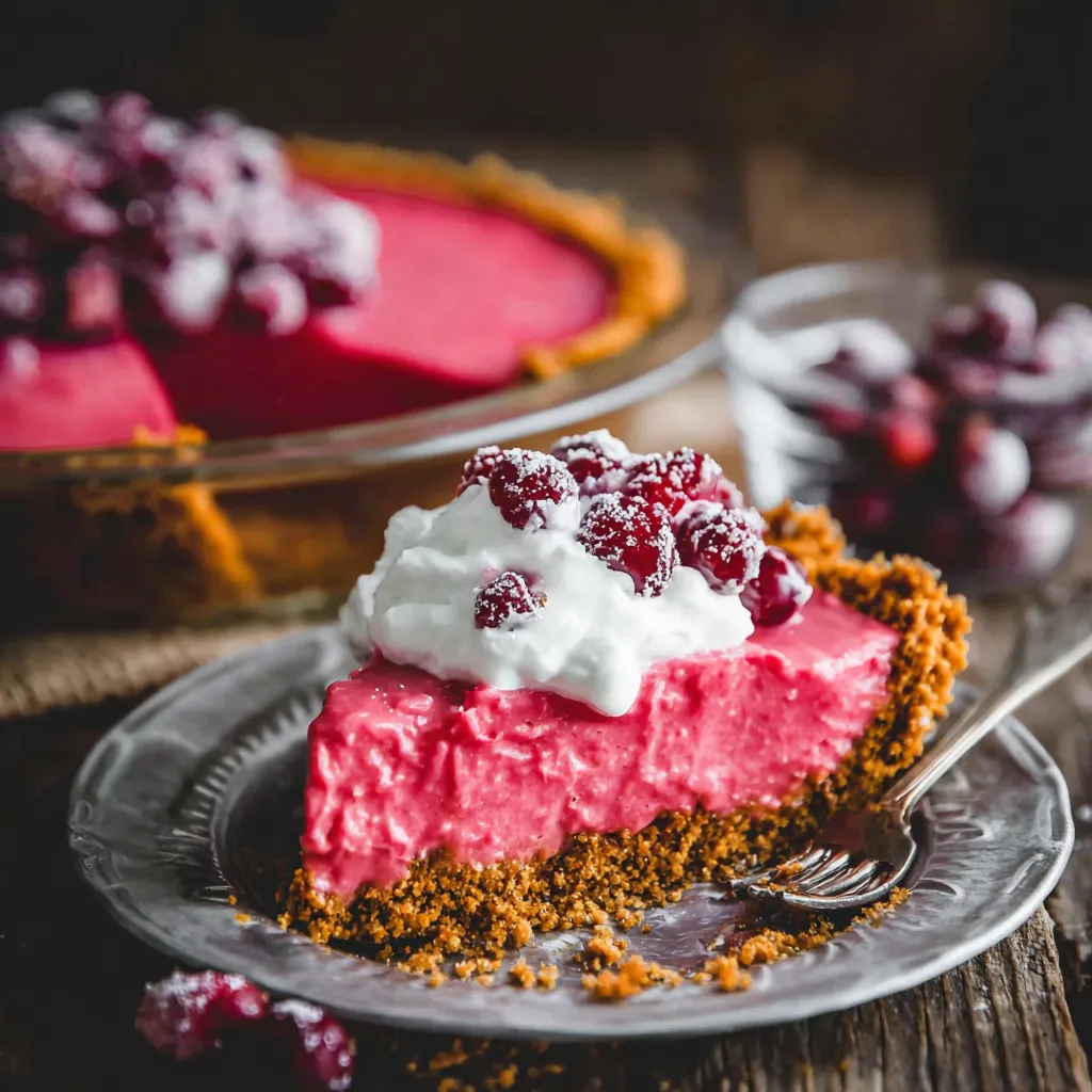 Ultra creamy slice of Creamy Cranberry Pie with Gingersnap Crust topped with whipped cream and cranberries, highlighting the smooth cranberry curd texture.