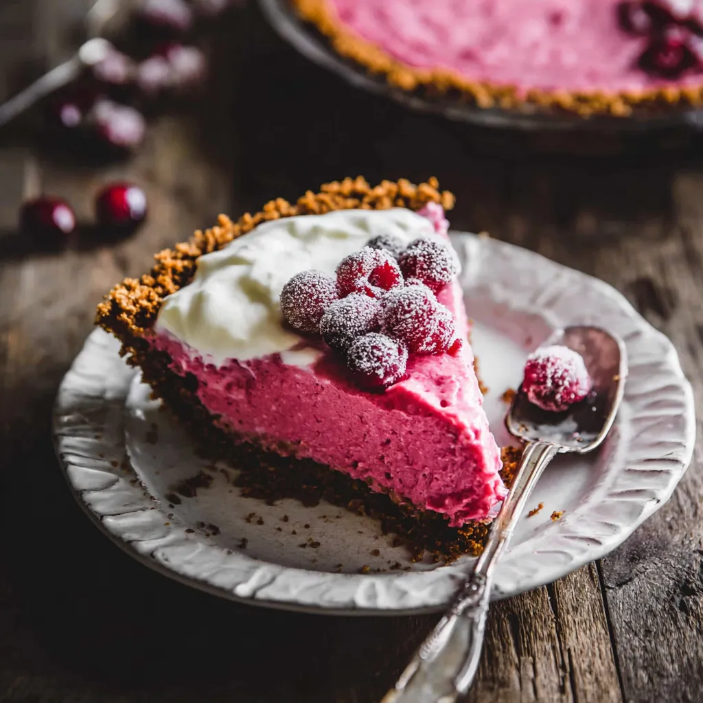 Slice of Creamy Cranberry Pie with Gingersnap Crust served with whipped cream and sugared cranberries, showing a rich and creamy cranberry filling.