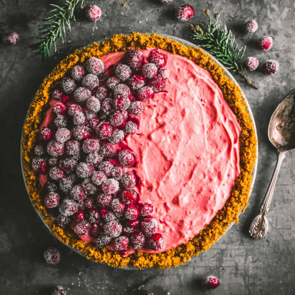 Creamy Cranberry Pie with Gingersnap Crust topped with sugared cranberries, showing a smooth pink cranberry filling and golden gingersnap crust.