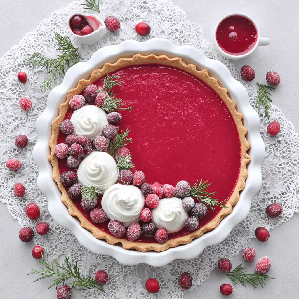 Festive Cranberry Custard Pie topped with whipped cream rosettes and sugared cranberries on a holiday table.