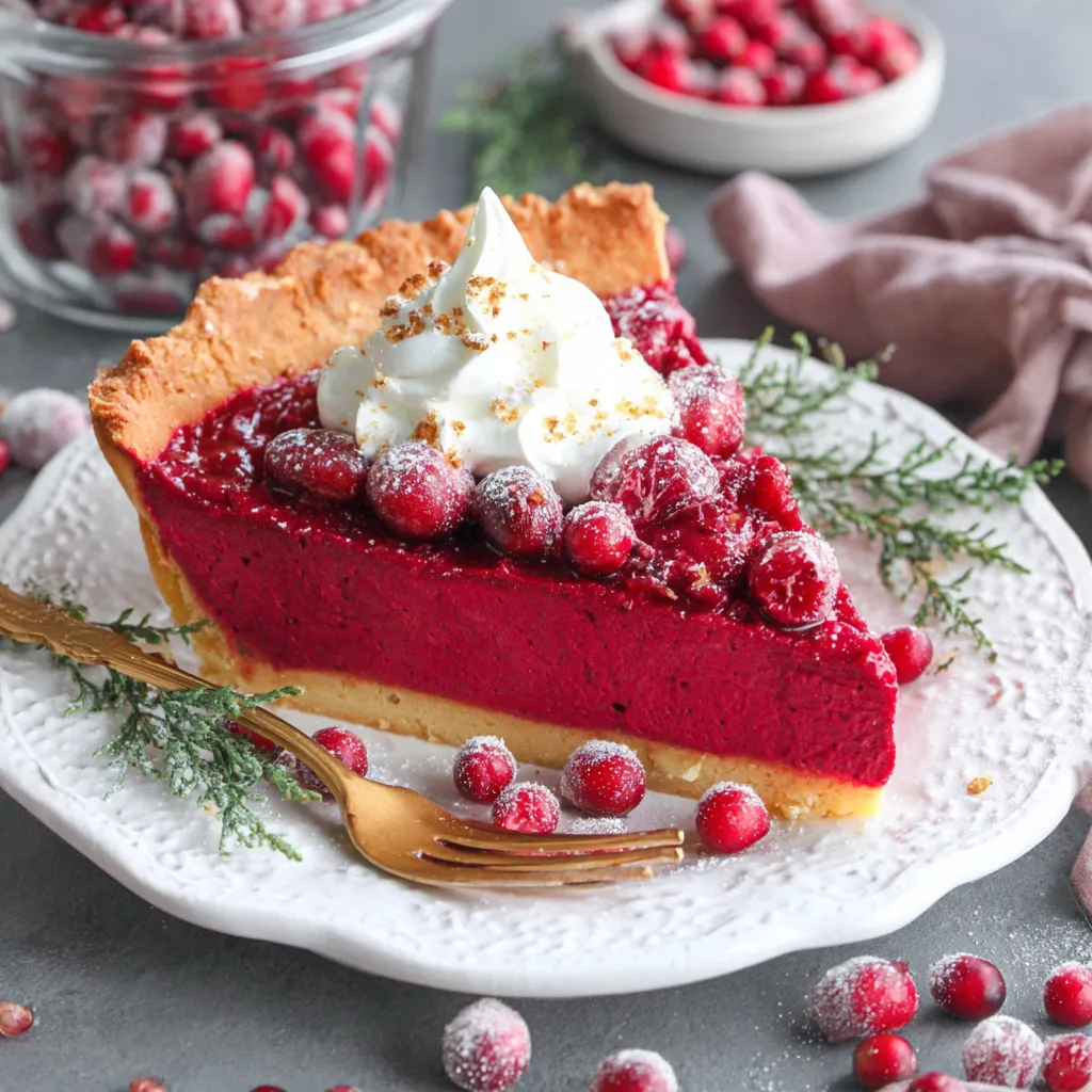 Slice of Cranberry Custard Pie showing creamy cranberry custard filling, buttery crust, whipped cream topping, and fresh cranberries.